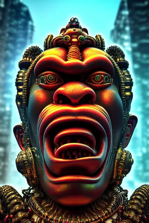 Image similar to high quality 3 d render post - rococo cyberpunk hanuman! head building, neon madhubani, open mouth, highly detailed, in sci - fi mumbai, cinematic smooth unreal engine, lee madgwick & liam wong, dramatic light, low angle, uhd 8 k, sharp focus