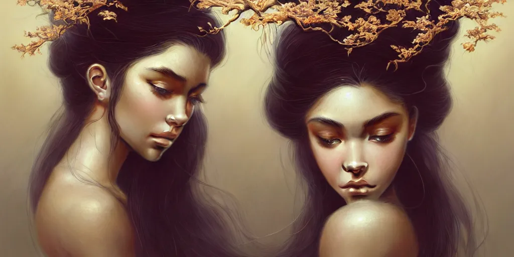 Prompt: madison beer with a branches growing from her head, alterd carbon, geisha, dreamy ethereal vibe,, atmospheric, detailed intricate render, fibbonacci, detailed illustration, hd, 4 k, digital art, overdetailed art, gold, surrealistic, by greg rutkowski, by loish, trending on artstation, deviantart