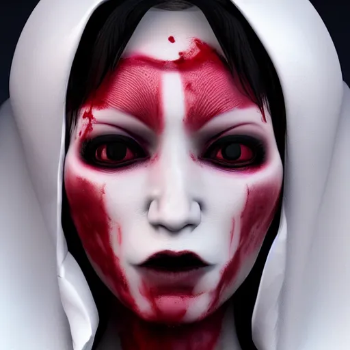 Prompt: a female vampire that looks like a futuristic nosfaratu, milky white skin, blood around the lips, delectable, edible, crusty around the eyes, found on artstation, eyes look dead, highly detailed, 8k,