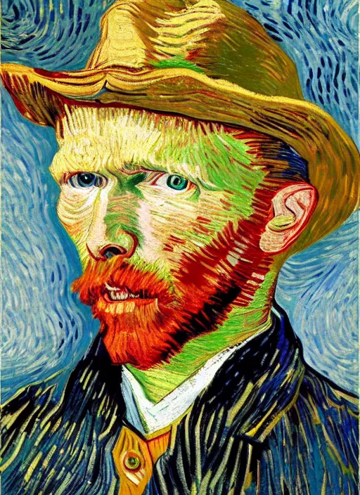 Image similar to lifelike oil painting self - portrait of van gogh wearing a fedora