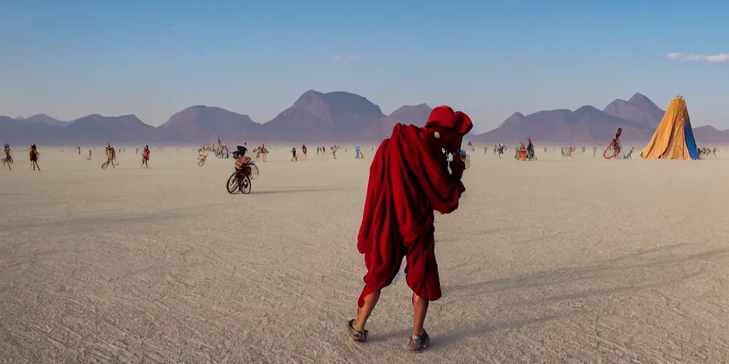 Image similar to Burning man festival, with blue light dark blue sky, long cloths red like silk, ants are big and they shine on the sunlight, there are sand mountains on the background, a very small oasis on the far distant background along with some watch towers, ants are perfect symmetric insects, man is with black skin, the man have a backpack, the man stands out on the image, the ants make a line on the dunes, the sun up on the sky is strong, the sky is blue and there are some clouds, its like a caravan of a man guiding many ants on the dunes of the desert, colors are strong but calm, volumetric, detailed objects, Arabica style, wide view, Charlie Bowater octane render trending on artstation d&d characters, 4k, 8k, HD,