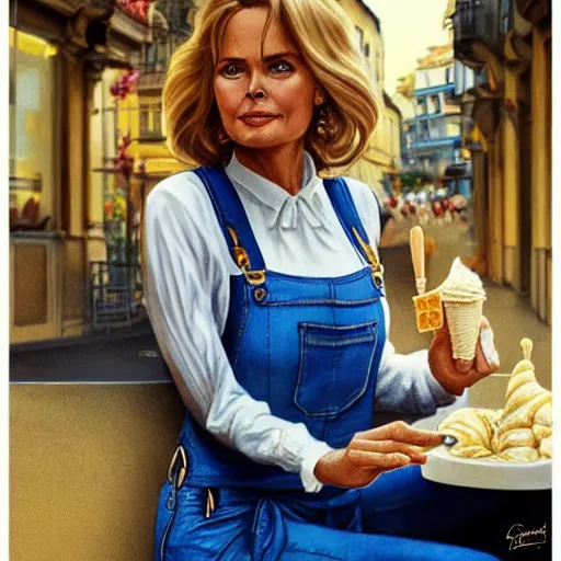 Image similar to portrait of a blonde fuller figured middle aged barbara bach from the bond film wearing blue dungarees and eating ice creams in porto, real life skin, intricate, elegant, highly detailed, artstation, concept art, smooth, sharp focus, art by artgerm and greg rutkowski and alphonse mucha