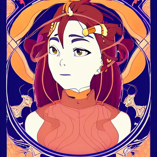 Prompt: anime art nouveau portrait of Fire Lady Katara in the style of JM Animation, symmetrical