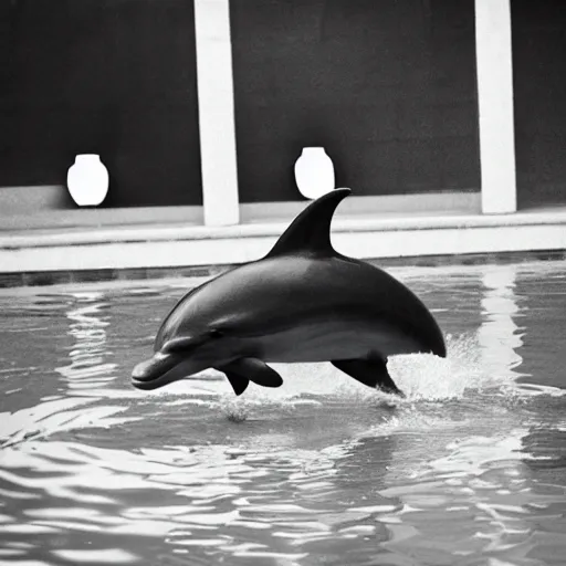 Image similar to chimera of a dolphin and black dragon, realistic zoo pool photography, vignette grainy photograph