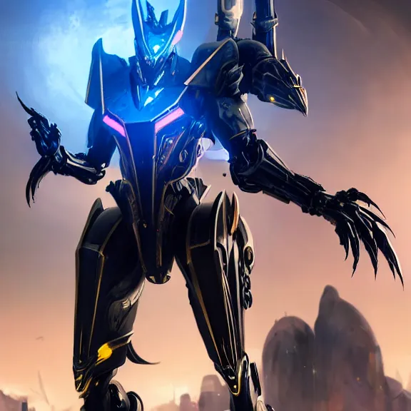 Image similar to cinematic shot, 35 foot tall stunning quadrupedal mecha dragon, sharp edged black armor, shining gold accents around the edges, sleek OLED blue visor for eyes, four legs, walking in busy neon city streets, sharp claws, epic shot, highly detailed art, sci fi, furry, 3D realistic, warframe fanart, destiny fanart, furry art, dragon art, feral art, macro art, furaffinity, DeviantArt, sofurry