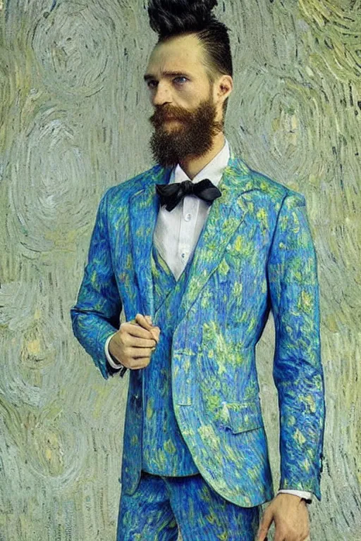 Image similar to unreal engine of 3 piece suit designed by Vincent van Gogh, stylish, creative fashion, ethereal lighting, dramatic