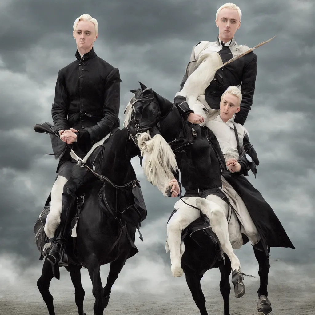 Image similar to Draco Malfoy riding one black horse