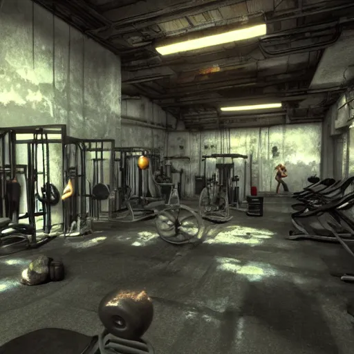 Image similar to fallout concept art gym interior render grim realistic lighting unreal engine 5