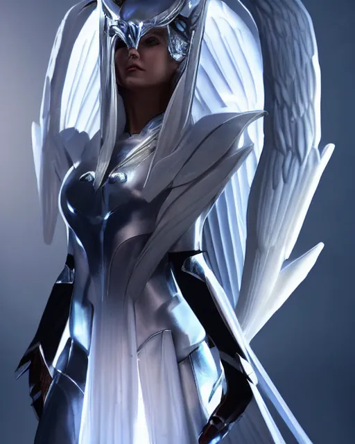 Image similar to perfect white haired attractive egyptian goddess with huge white dove wings, warframe armor, beautiful, symmetric, charlize theron, half asian, pretty face, blue eyes, scifi platform, laboratory, experiment, 4 k, ultra realistic, epic lighting, android body, illuminated, cinematic, masterpiece, art by akihito tsukushi, voidstar