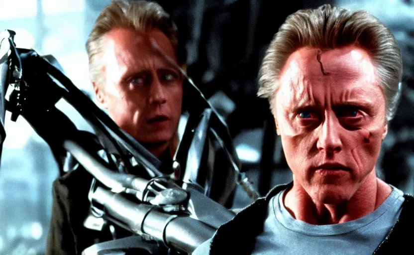 Prompt: VFX film James Cameron's The Terminator starring Christopher Walken