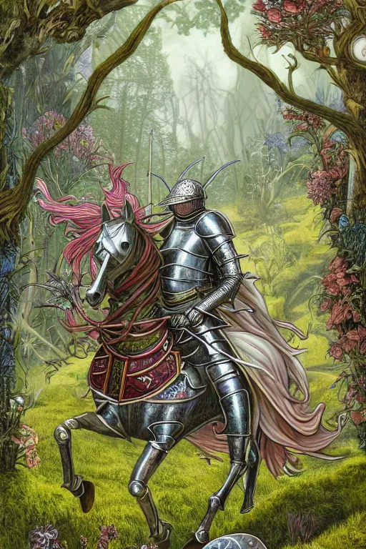 Image similar to medieval knight riding a horse in a magic kingdom overgrown by moss and plants, shiny armor, enchanted forest with fairies, wizards and magic mushrooms in the background, illustrated by james jean, very detailed and colorful and ornamental and floral, comicbook cover