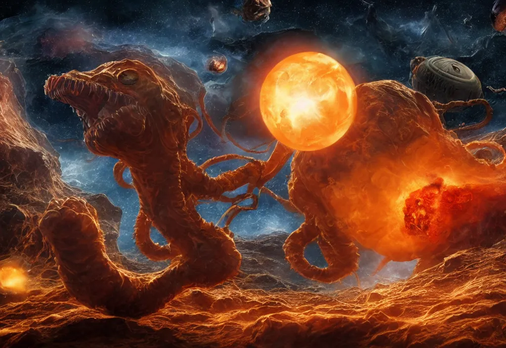 Image similar to eldritch horror bloody garfield in space, hd, 8 k, giant, epic, realistic photo, unreal engine, stars, prophecy, powerful, cinematic lighting, destroyed planet, debris, violent, sinister, ray tracing, dynamic, epic composition, dark, horrific, teeth, grotesque, monochrome drawing, hellscape