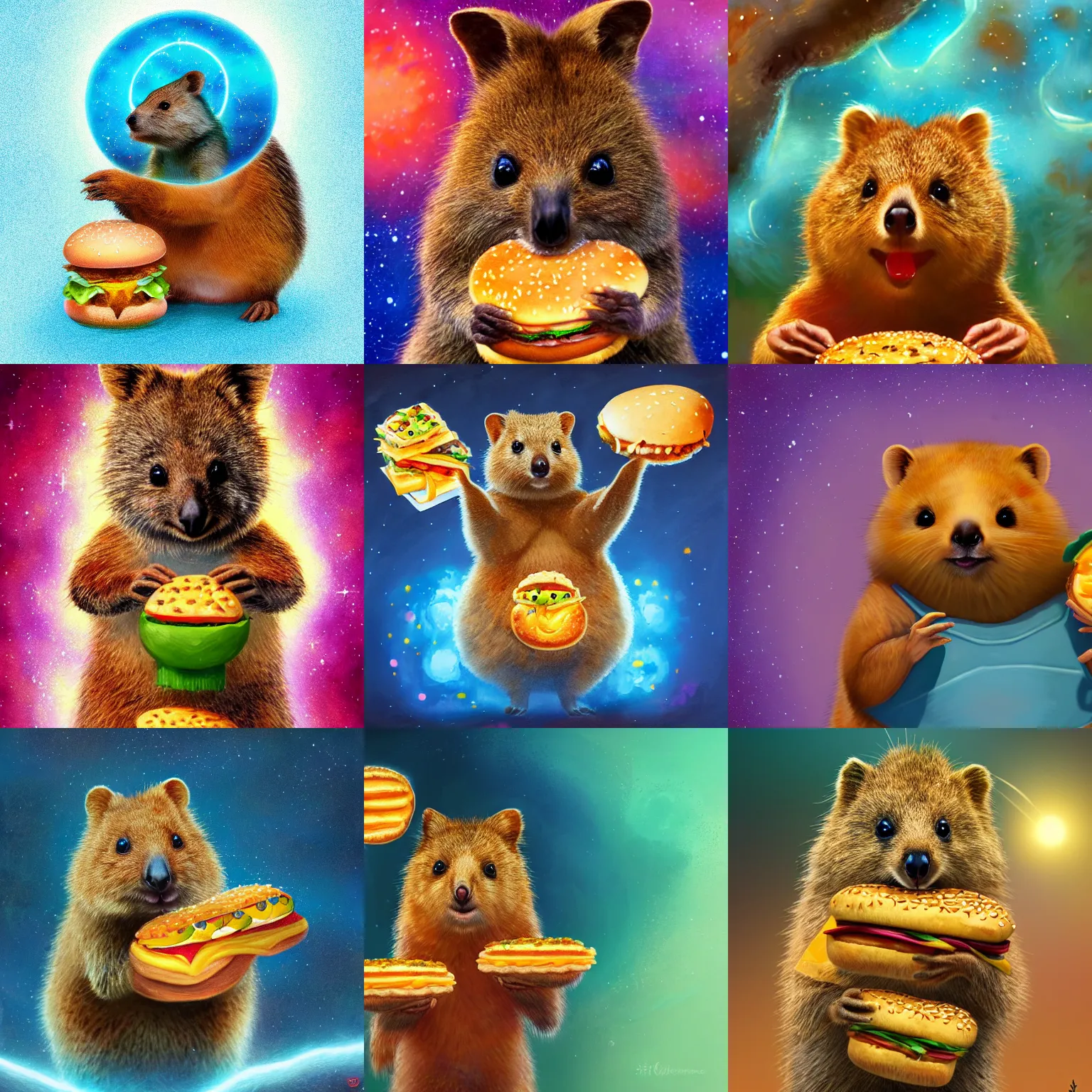 Prompt: photo of a quokka holding a cheeseburger surrounded by magical energy, intricate, highly detailed, digital painting, artstation, concept art, smooth, sharp focus, illustration, vfx