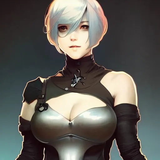 Prompt: a digital concept art by artgerm and greg rutkowski and alphonse mucha. clear portrait of 2 b nier automata in a skintight clothes!! hyper detailed, character concept, full body!! dynamic pose, glowing lights!! intricate, elegant, highly detailed, digital painting, artstation, concept art, smooth, sharp focus, illustration