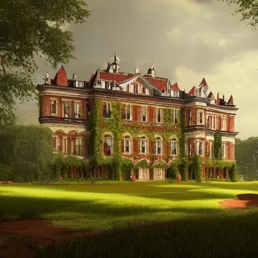 Prompt: matte painting of a countryside landscape of a noble estate with xix century manor. red brick, opulent, verdant lawn. fantastical, elegant elaborate, sharp focus, smooth detailed digital art trending in artstation