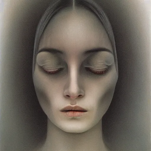 Prompt: woman face staring, portrait, flash, 80mm F2.8, single light source, painting by Zdzislaw Beksinski