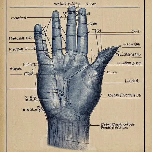 Prompt: detailed blueprint of left hand