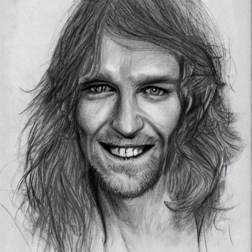 Prompt: sketch of a caucasian face, medium long hair, bad skin, skinny, blue eyes, smiling, climber