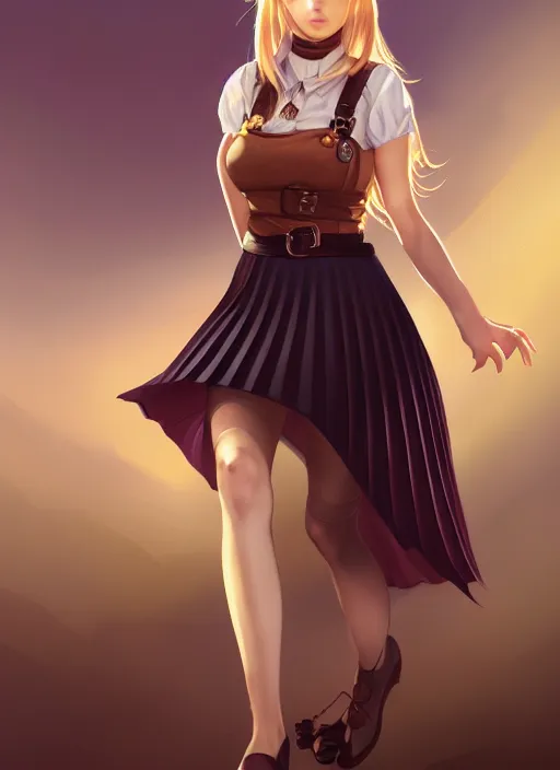 Image similar to portrait of a full body of beautiful young female detective, d & d, sleeveless turtleneck, pleated skirt, fantasy, flat lighting, intricate, highly detailed, digital painting, artstation, concept art, smooth, sharp focus, illustration, misa amane, art by simon bisley and greg rutkowski and alphonse mucha, natural tpose