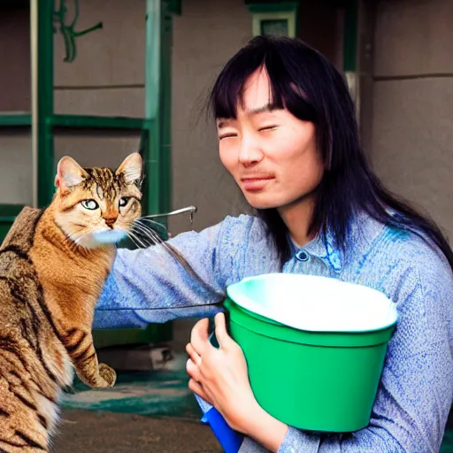 Image similar to asian jesus playing with cats with a water bucket and a whip