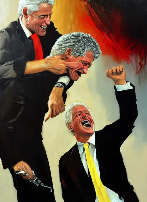 Image similar to 'jeffrey epstein and bill clinton drunk, laughing, flailing, squeezing, gripping, painting by phil hale, 'action lines'!!!, graphic style, visible brushstrokes, motion blur, blurry