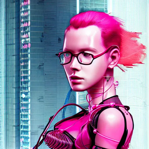Image similar to a portrait of a woman with pink hair with lots of wires, cyberpunk art by otomo katsuhiro, cgsociety, computer art, circuitry, dystopian art, academic art insanely quality, highly detailed, masterpiece, red light, artstation, 4 k
