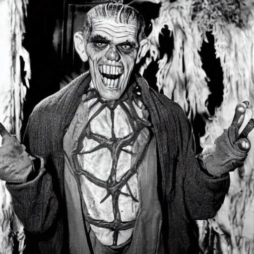 Prompt: old black and white film still photo of actor boris karloff actor as frankenstein monster character smiling in a halloween party, hyper real, hyper detailed