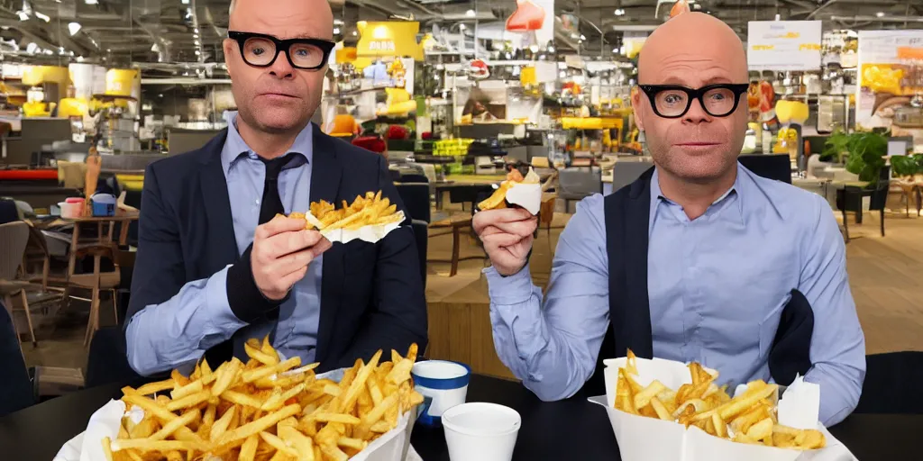 Image similar to Harry hill eating loaded fries in ikea