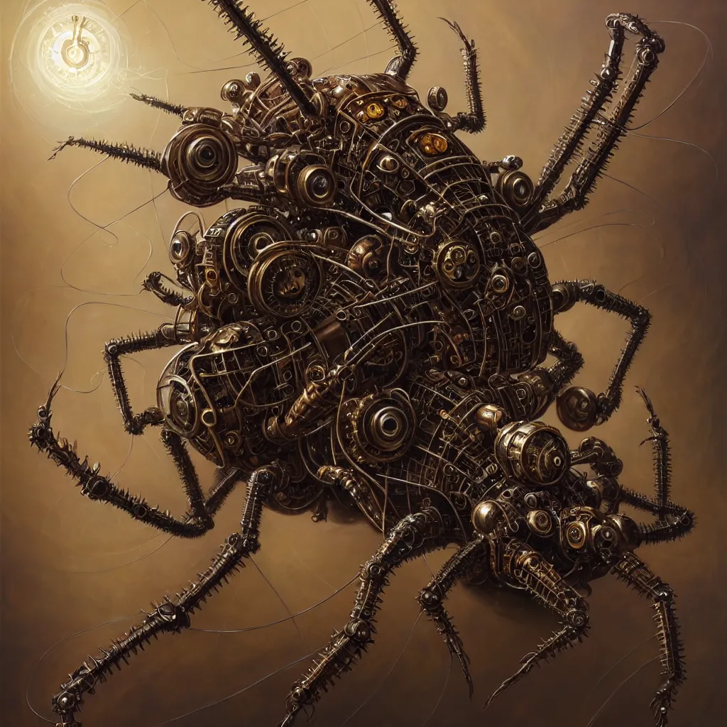 Prompt: portrait shot of a steampunk robot spider, intricate, elegant, highly detailed, centered, digital painting, artstation, concept art, smooth, sharp focus, illustration, artgerm, tomasz alen kopera, peter mohrbacher, donato giancola, joseph christian leyendecker, wlop, boris vallejo