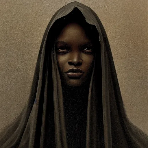 Image similar to a portrait of a young black woman wearing a long dark cloak, hood and shadows covering face, anatomically correct, beautiful perfect face, enigmatic, oil painting, matte painting, black background, Volumetric dynamic lighting, Highly Detailed, Cinematic Lighting, Unreal Engine, 8k, HD, by Beksinski