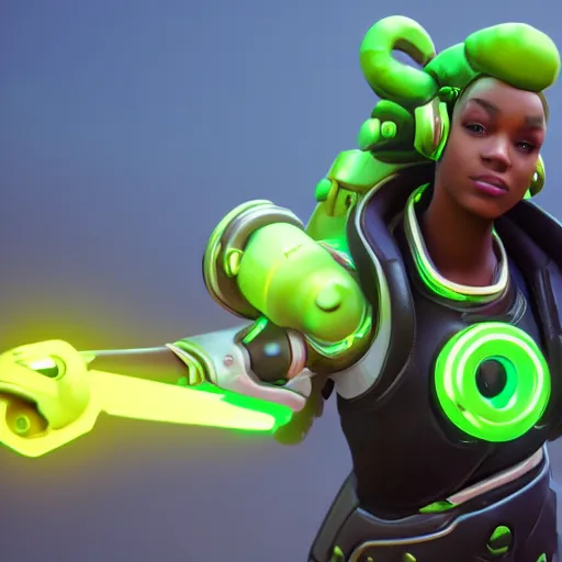 Prompt: female lucio, overwatch, 3D model, in-game, portrait, unreal engine 5, octane render, cinematic, made by blizzard