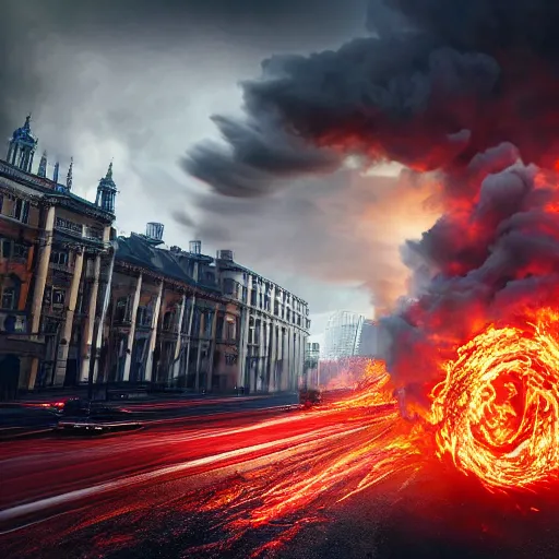 Image similar to flaming tornado ravaging through london, dslr, 8 k, octane beautifully detailed render, hot lighting, warm mood, cinematic lighting, detailed photo, masterpiece, volumetric lighting, ultra realistic, highly detailed, high quality, lossless, photorealistic