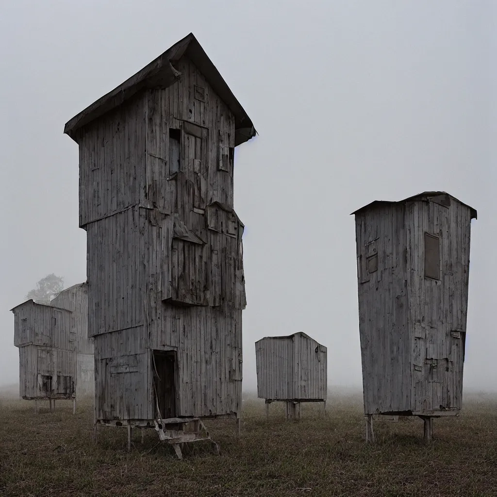 Image similar to two high towers, made up of makeshift squatter shacks with faded colours, plain uniform sky at the back, uneven fog, mamiya, fully frontal view, ultra sharp, very detailed, photographed by julie blackmon