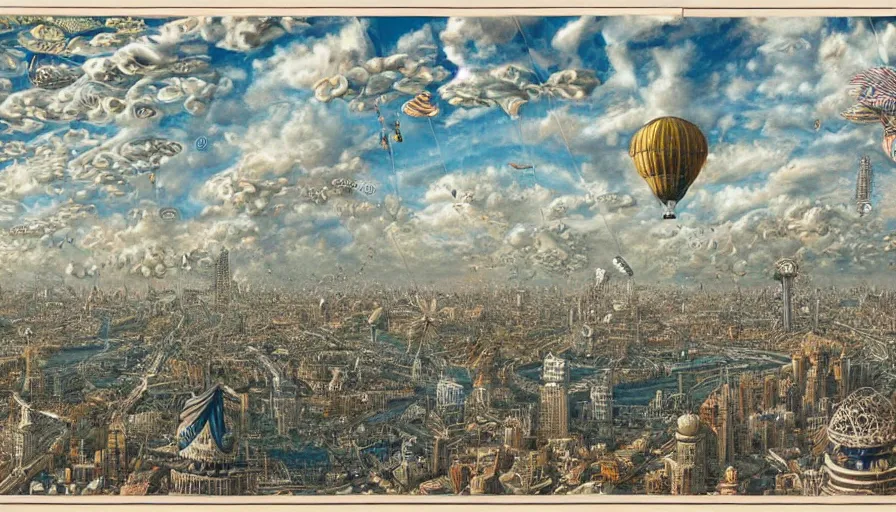 Image similar to an inflated stainless steel chrome birdcage in the clouds, people are hanging from kites by steel cables. Oil rigs in the sky. Intricate technical drawing. Colored pencil. Mammatus clouds. Ornate, brilliant, utopian, detailed, Golden ratio, solarpunk technology by Lebbeus Woods