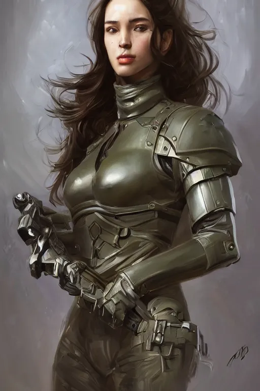 Image similar to a professionally painted portrait of an attractive young woman, clothed in military armor, olive skin, long dark hair, beautiful bone structure, symmetrical facial features, intricate, elegant, digital painting, trending on Artstation, concept art, smooth, sharp focus, illustration, from Metal Gear by Ruan Jia and Mandy Jurgens and Artgerm and William-Adolphe Bouguerea, award winning