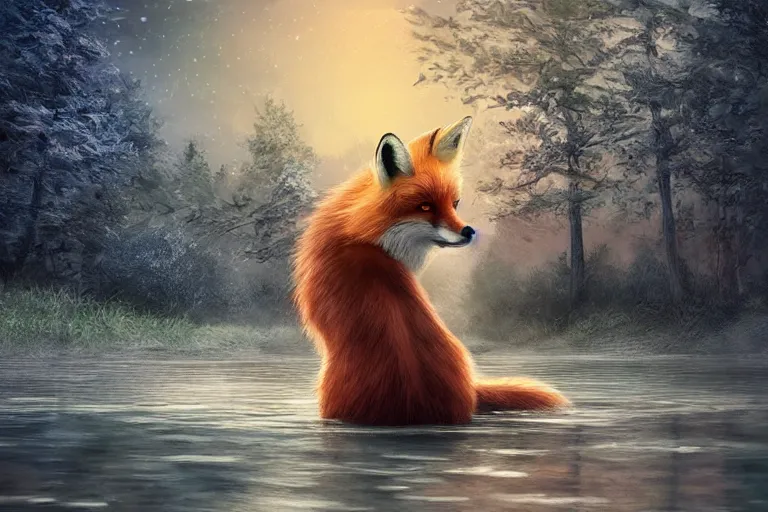 Prompt: A beautiful fox stands near a lake under the moonlight, highly detailed brush style, water reflections, soft fur, two pointed ears, thick fluffy tail, beautiful lighting, wildlife, digital art, trending on ArtStation