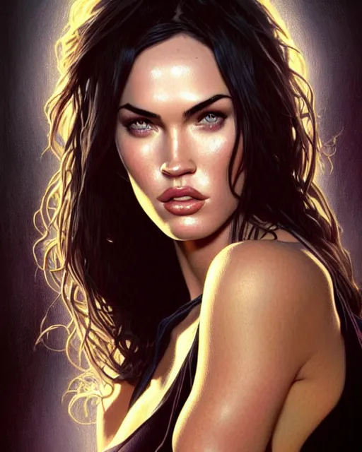 Image similar to portrait of megan fox with hot face expression, intricate, headshot, highly detailed, digital painting, artstation, concept art, sharp focus, cinematic lighting, illustration, art by artgerm and greg rutkowski, alphonse mucha, cgsociety