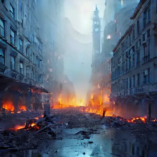 Prompt: city of munich destroyed by a meteor!!!, rubble!!, fires!! hyperrealistic, highly detailed, cinematic, foggy light from fires, beautiful, cgssociety, artstation, 8 k, oil painting by greg rutkowski, by artgerm, by wlop