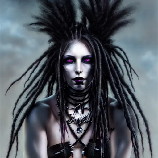 Image similar to portrait of a female cybergoth dreadlocks, dark, piercing eyes, exotic expression, esoteric clothing, photorealistic, highly detailed, mysterious lighting, artstation, smooth, sharp focus, art by michael whelan, artgerm, greg rutkowski and luis royo