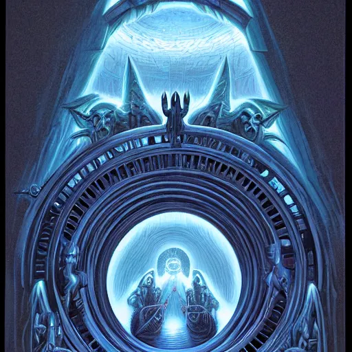 Prompt: demonic portal to hell by Greg Hildebrandt. Stargate