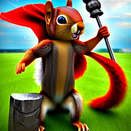 Image similar to the squirrel thor ~ holding his hammer ~ dramatic thunder background ~ fighting scene ~