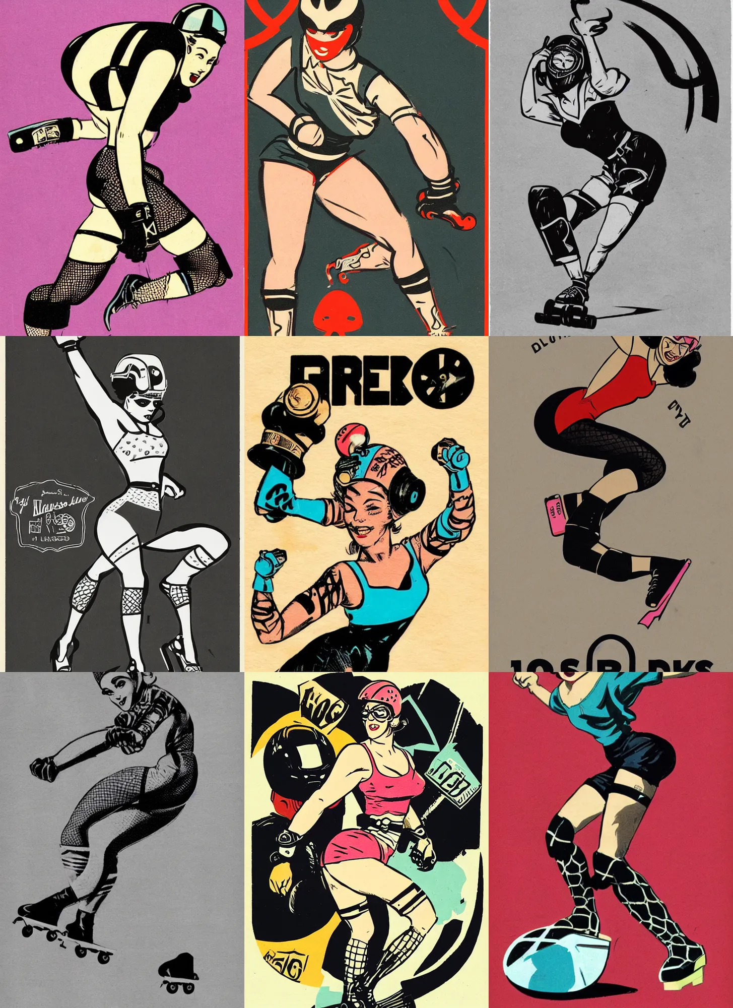 Image similar to 1950s logo of a roller derby girl doing Cross-Over, wearing skate helmet, knee pads, elbow pads, fishnet tights, showing off biceps, illustration by greg rutkowski and mcbess, 1950s