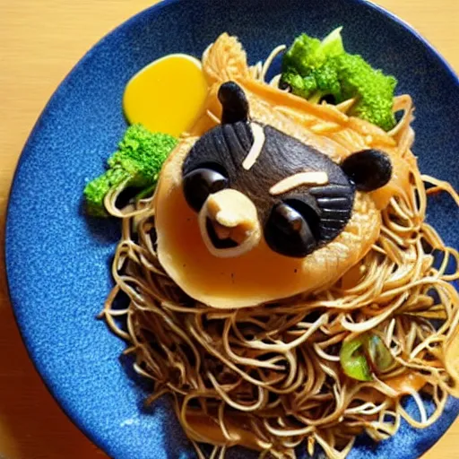 Prompt: Little raccoon crispy noodles,anime style