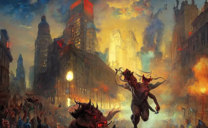 Prompt: demon running through the streets of the capital by kev walker and vladimir volegov and alexander averin and delphin enjolras and daniel f. gerhartz