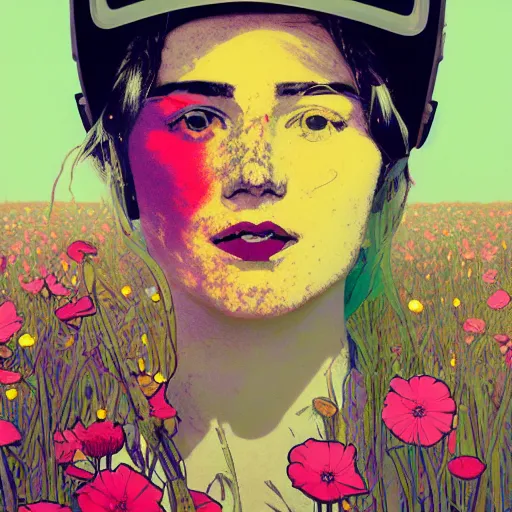 Image similar to a beautiful painting of a girl in a field of flowers with a helmet by andy warhol and conrad roset and alphonse mucha and nekro and greg rutkowski. colorful comic, film noirs, symmetry, sharp lines, hyper detailed. octane render. trending on artstation