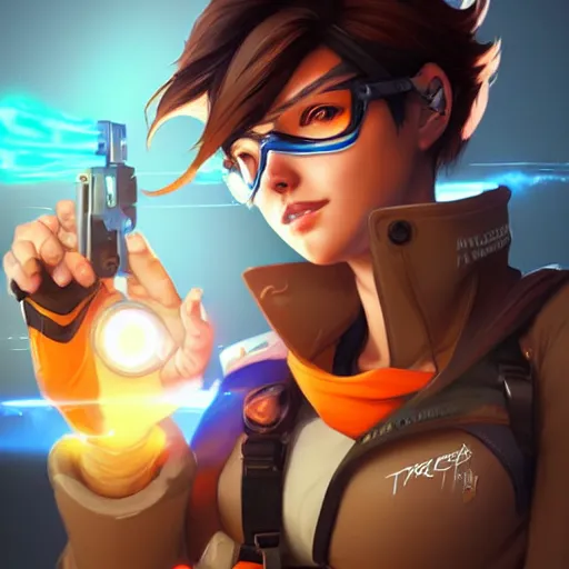 Image similar to A beautiful portrait of Tracer from Overwatch pondering her orb, long shot, realistic, highly detailed, by Stanley Artgerm Lau, WLOP, and Rossdraws, digtial painting, orange and blue color scheme, trending on ArtStation