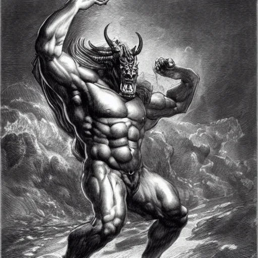 Image similar to full body grayscale drawing by Gustave Dore of muscled humanoid balrog beast with horns in heroic pose, swirling flames in background