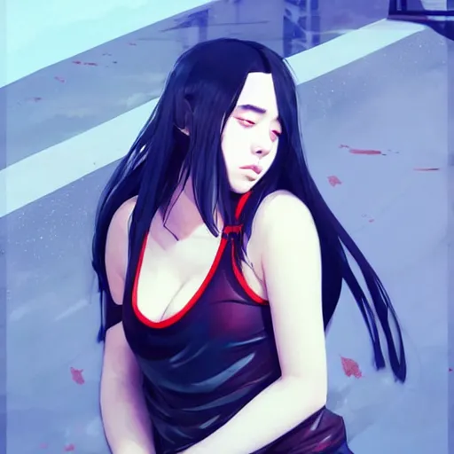 Image similar to a beautiful young japanese billie eilish kat dennings alluring instagram model in elaborate latex tank top, by guweiz and wlop and ilya kuvshinov and artgerm and makoto shinkai and studio ghibli, symmetrical eyes, aesthetic, gorgeous, stunning, alluring, attractive, artstation, deviantart, pinterest, digital art