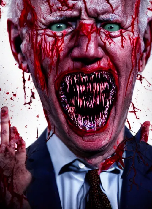 Image similar to hyper realistic ultra realistic horror terror dimensional photo furious glowing red eyes biden, high quality photo, detailed , 8k