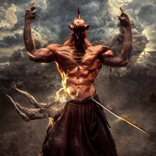 Image similar to full body pose, hyper - realistic photo of actor killing god and satan volumetric lighting, 8 k, octane perfectly detailed render, extremely hyper detailed, intricate, epic composition, cinematic lighting, masterpiece, trending artstation, very highly detailed, stunning, hdr, smooth, sharp focus, high resolution, award winning photo, dslr, 5 0 mm